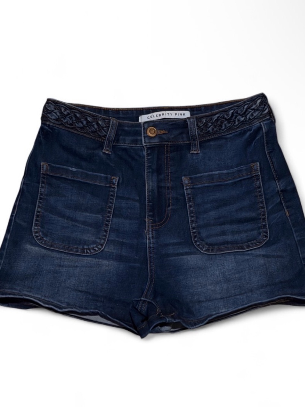 Celebrity Pink Dark Wash Denim Shorts with Braided Waistband Detail